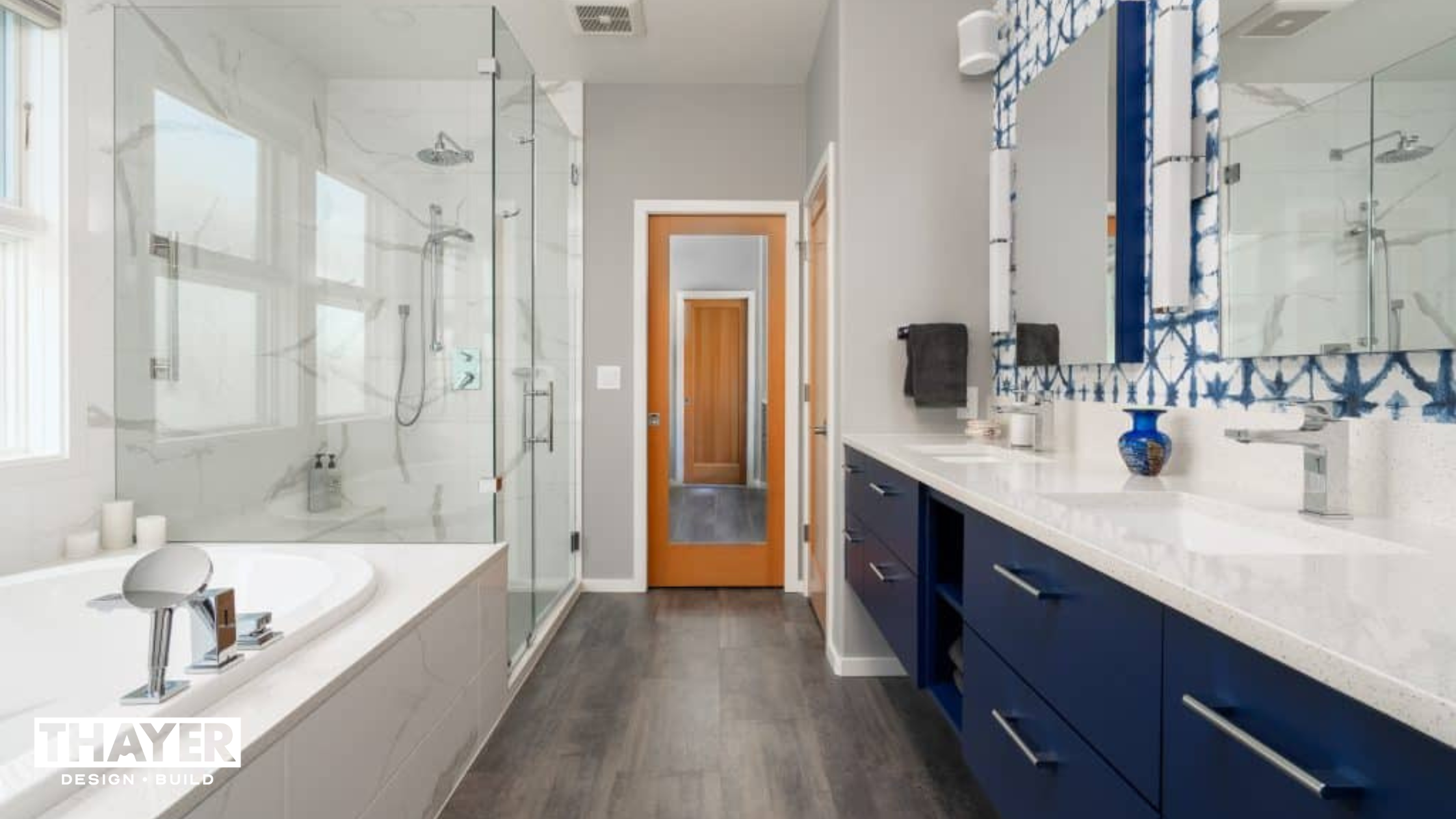 Upscale bold contemporary primary bathroom remodel in Corvallis