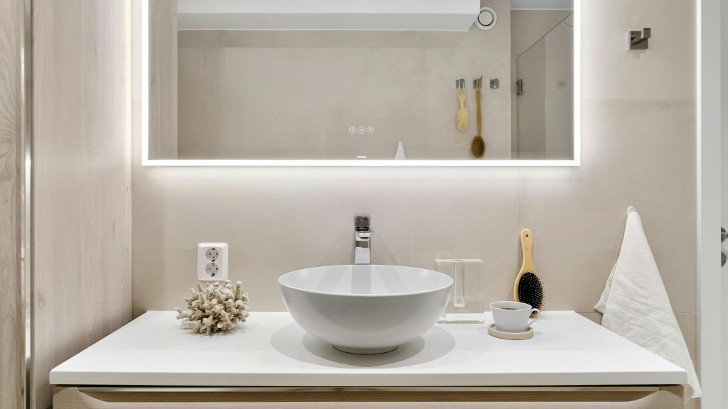 Smart mirror example in remodeled bathroom