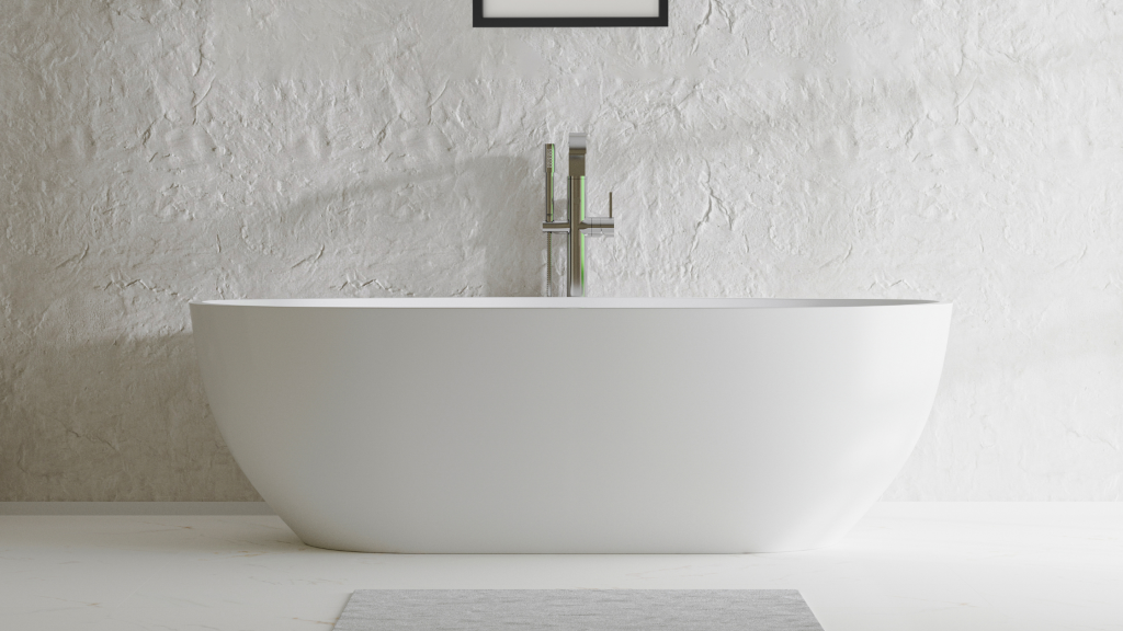 Freestanding soaking tub example in remodeled bathroom