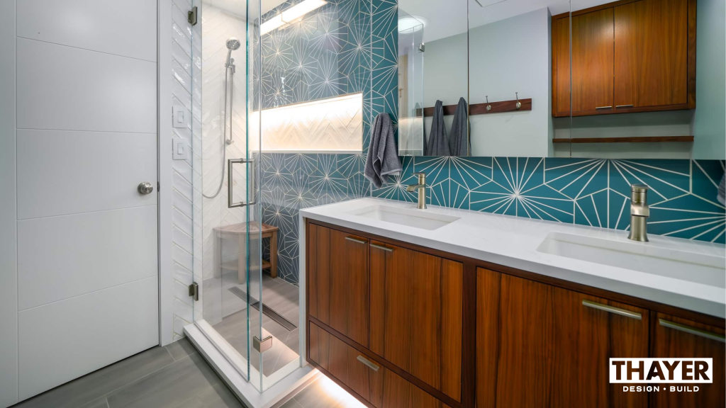Layered lighting example in remodeled bathroom