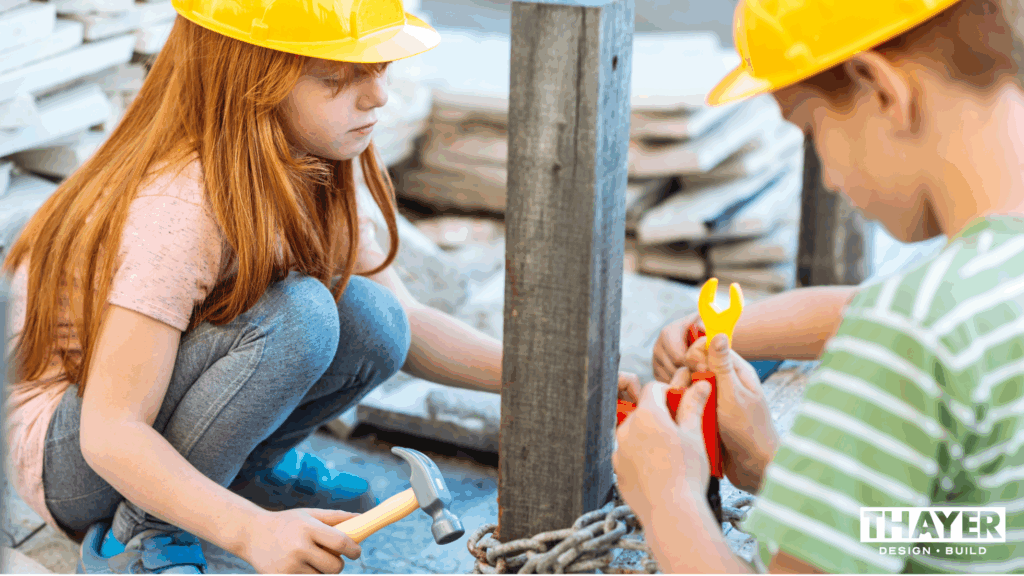 Kids pretending to help with a home remodel