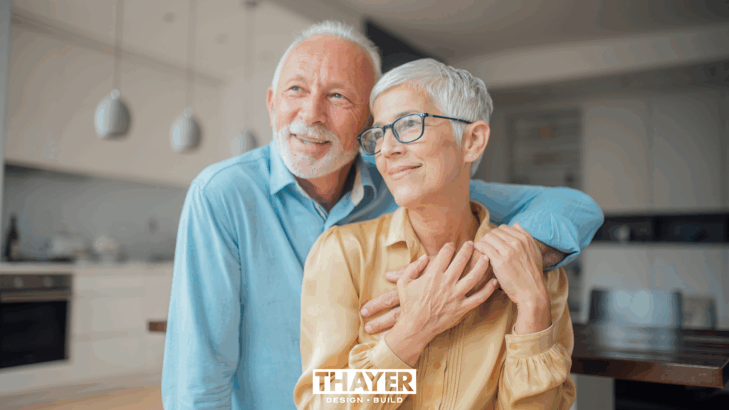 Older couple embracing in their home