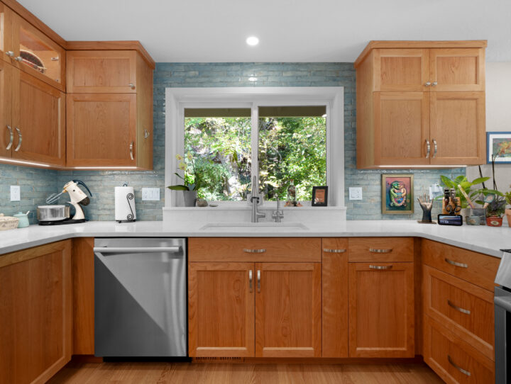 view of sink area in warm transitional kitchen remodel in Corvallis