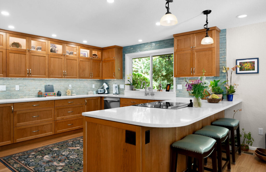 Kitchen view of warm transitional whole home remodel in Corvallis