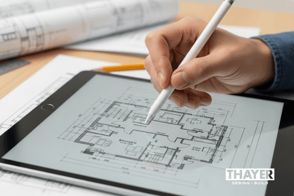 Interior designer working on drawings