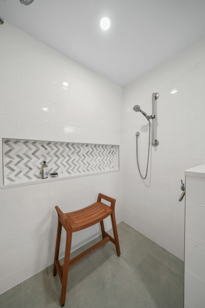 Primary bathroom shower in aging-in-place remodel