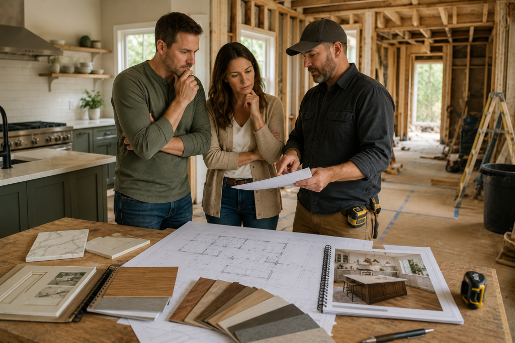 Corvallis design-build remodeler set up with design and construction materials in partly remodeled home