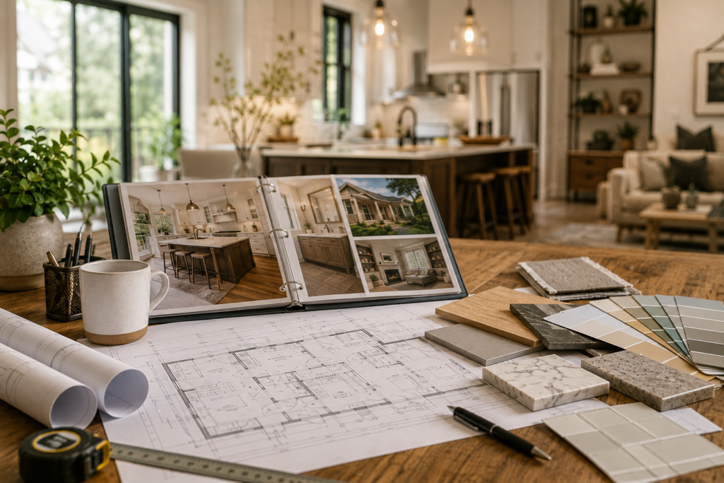 design-build remodeler set up with design materials in beautiful Corvallis home