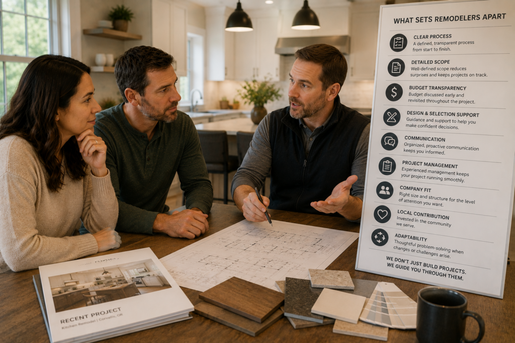 Corvallis design-build remodeler explaining to Corvallis homeowners how to compare home remodelers and design-build companies in Corvallis