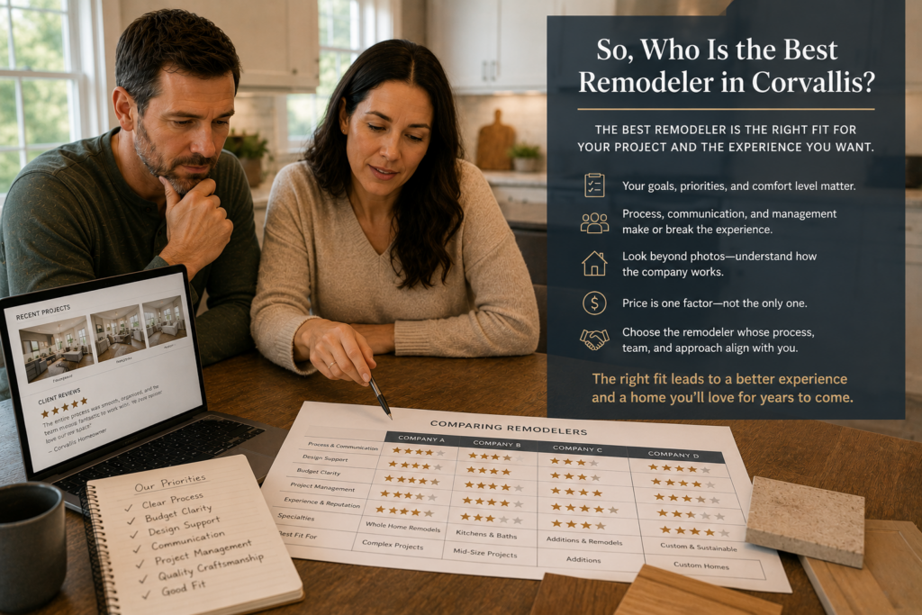 Corvallis homeowners reviewing the best home remodelers in Corvallis to compare them