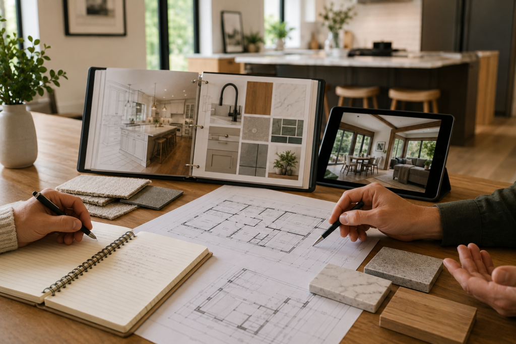 Corvallis design-build remodeler set up with design materials in beautiful home