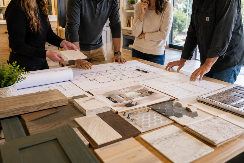 Professional design-build team collaborating around a residential remodeling project in a bright modern design studio. Interior designer reviewing finish selections, project manager studying construction plans, homeowner evaluating material samples, and builder reviewing technical drawings together at one table. Emphasis on collaboration and shared decision-making. High-end remodeling environment with cabinetry samples, flooring, tile, and architectural renderings visible. Warm, welcoming atmosphere, Pacific Northwest design influence, natural light, realistic people, authentic interactions, no staged handshakes, photorealistic architectural photography, luxury residential remodeling aesthetic.