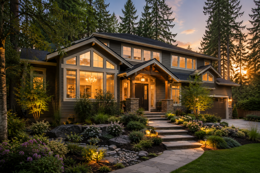 Beautifully remodeled Pacific Northwest home at golden hour. Warm interior lights glowing through large windows, mature landscaping, inviting front entry, and timeless architecture. Image should evoke confidence, possibility, and the feeling of loving where you live. Premium residential photography, aspirational but realistic, no people required.