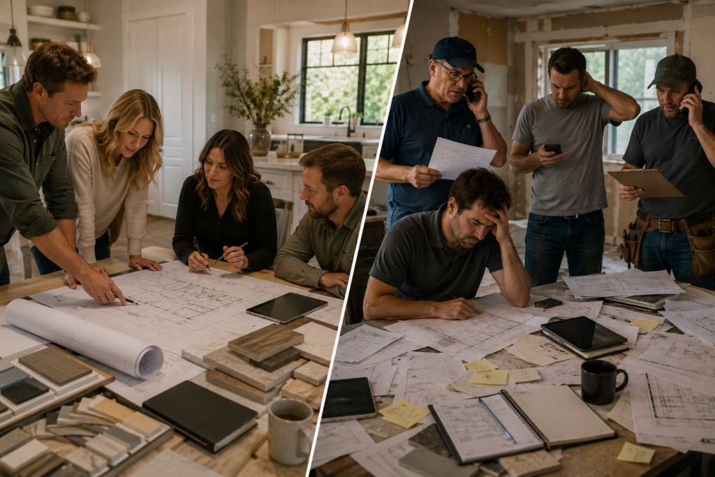Split-scene comparison image. Right side shows a fragmented remodeling process with separate plans, disconnected communication, multiple vendors, scattered paperwork, and visible confusion. Left side shows a coordinated design-build team working from one set of plans with organized project management, clear communication, and collaborative planning. Sophisticated editorial style, realistic residential remodeling setting, no text overlays, balanced composition, photorealistic, subtle visual storytelling rather than obvious symbolism.