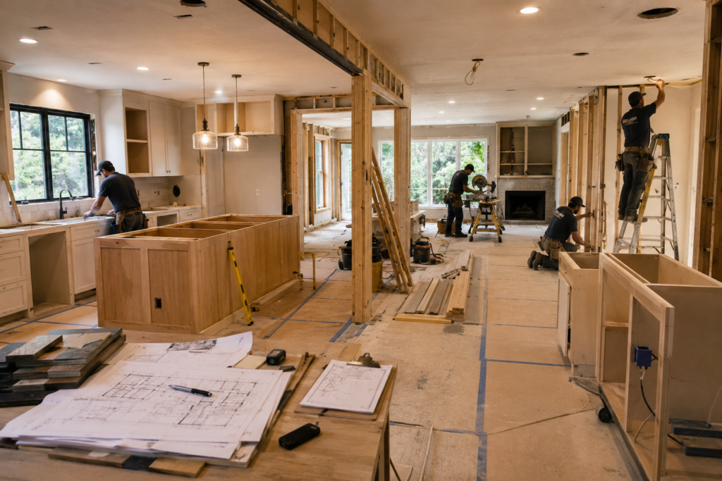 Large whole-home remodeling project in progress inside an older Oregon home. Multiple interconnected spaces visible including kitchen, living room, and hallway. Designers, project managers, and craftspeople coordinating together while reviewing plans. Visible structural modifications, cabinetry installation, lighting planning, and layout improvements happening simultaneously. Clean, organized jobsite that conveys complexity and coordination rather than chaos. Natural light, premium remodeling aesthetic, documentary-style photography.