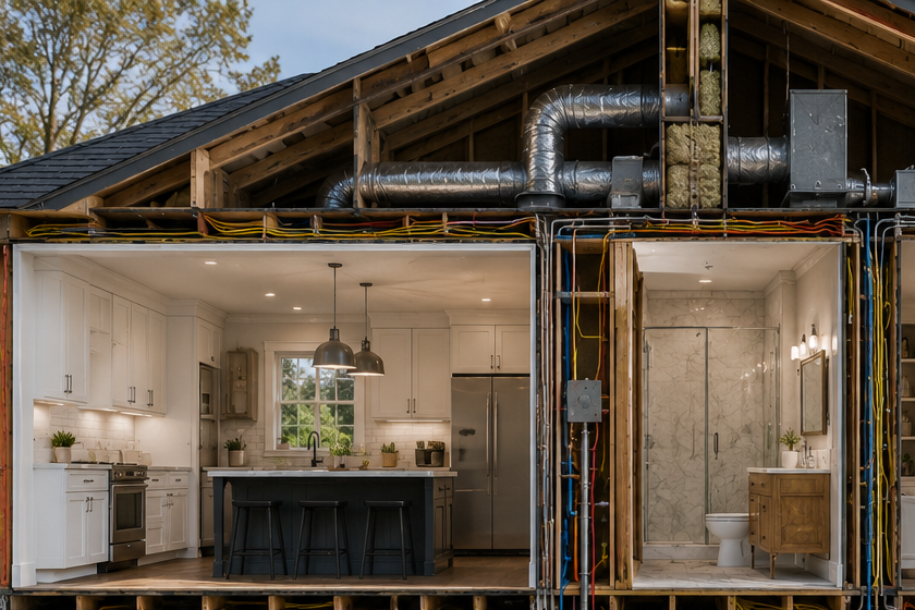 Cross-sectional view of an older home revealing both visible and hidden remodeling components. Beautiful finished kitchen and bathroom, while behind walls are plumbing, electrical, HVAC, structural framing, engineering details, permits, and planning documents. Sophisticated and realistic rather than cartoon-like. Inspired by the remodeling iceberg concept. Premium architectural visualization style, highly detailed, photorealistic.