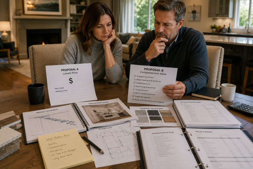 Homeowners comparing two remodeling proposals at a dining table. One side emphasizes lowest price with minimal detail, while the other shows comprehensive planning, schedules, specifications, design drawings, and project management. Focus on evaluating value rather than price. Professional, sophisticated atmosphere, realistic financial planning discussion, photorealistic.