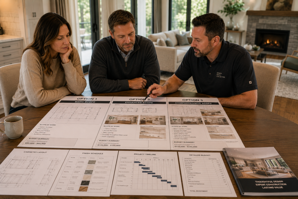 Several remodeling proposals laid out side-by-side on a table, each showing different levels of detail. Visible construction drawings, finish schedules, cabinetry plans, budgeting worksheets, and project timelines. Homeowners reviewing differences with a remodeling professional. Clean, educational visual that communicates scope comparison and decision-making.