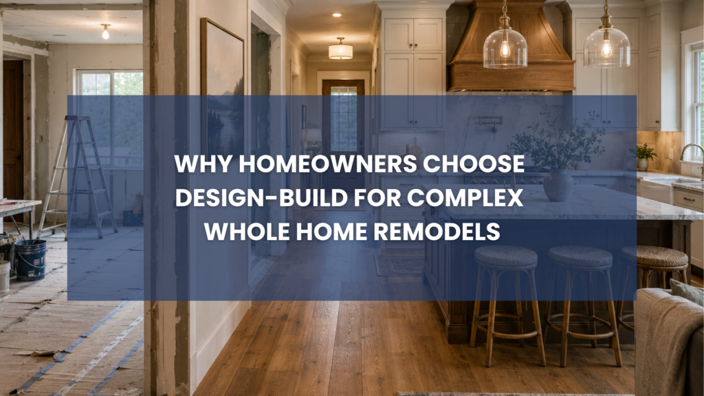 editorial-style residential remodeling scene in the Pacific Northwest, depicting the complexity of a whole-home remodel.