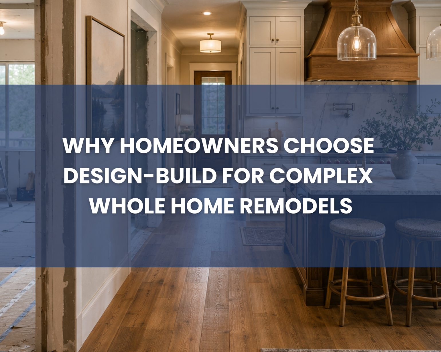 editorial-style residential remodeling scene in the Pacific Northwest, depicting the complexity of a whole-home remodel.