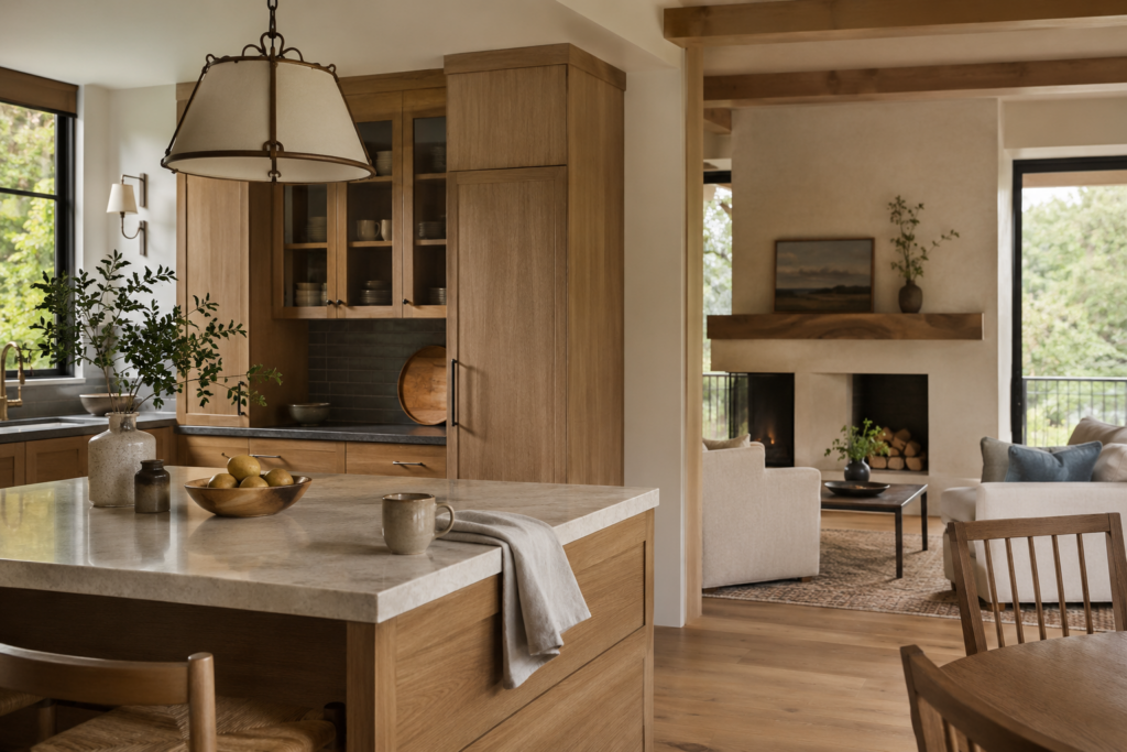 Remodeled home showing kitchen and living area