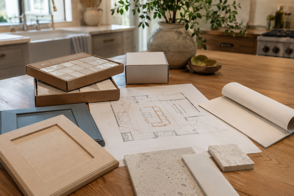 Remodel design consultation with plans and materials laid out on kitchen table