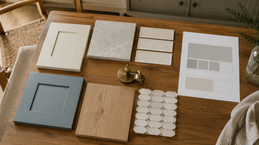 Home remodel design materials laid out for a client to review